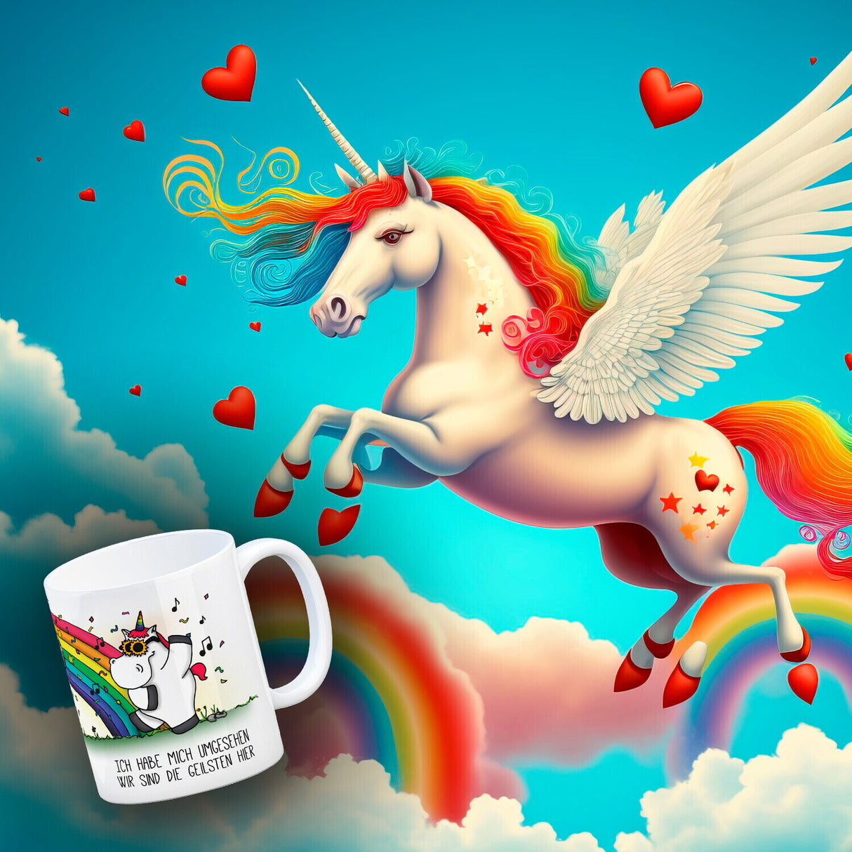 Honeycorns Kaffeebecher mit Einhorn Motiv und Spruch: Ich habe mich umgesehen, wir sind ...