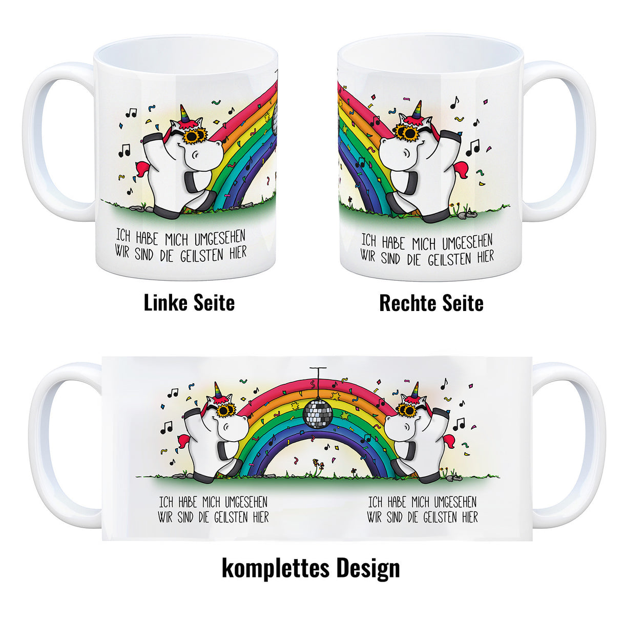 Honeycorns Kaffeebecher mit Einhorn Motiv und Spruch: Ich habe mich umgesehen, wir sind ...