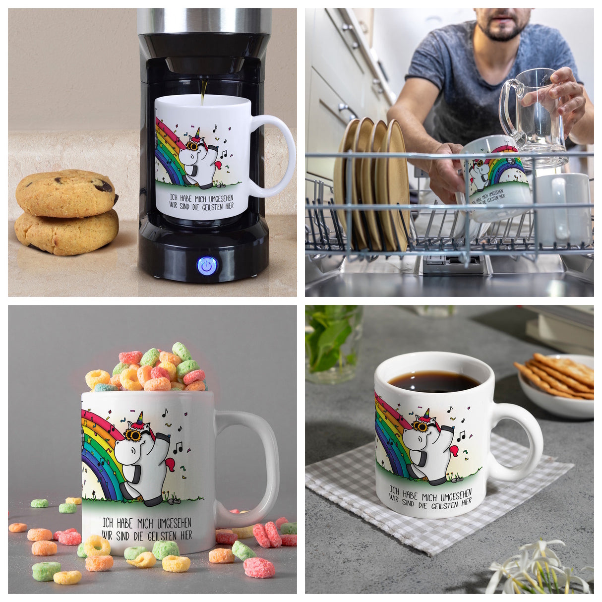 Honeycorns Kaffeebecher mit Einhorn Motiv und Spruch: Ich habe mich umgesehen, wir sind ...