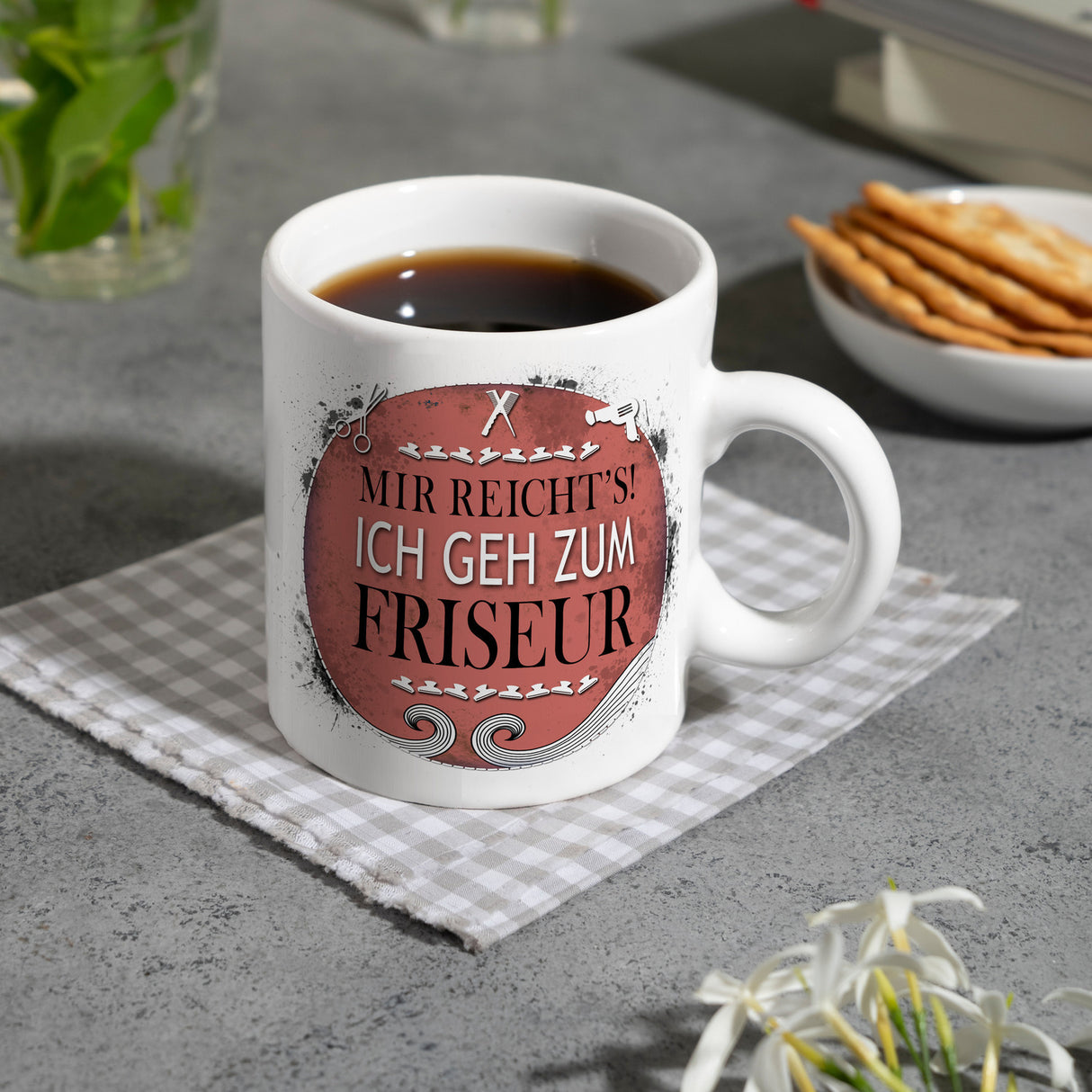 Kaffeebecher mit Spruch: Mir reicht's! Ich geh zum Friseur