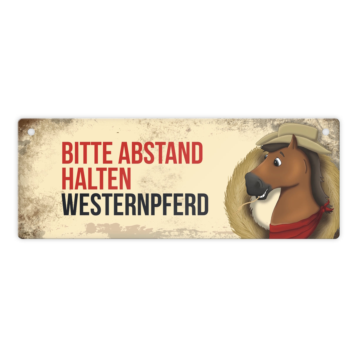 Metallschild mit braunem Westernpferd Motiv und Spruch: Bitte Abstand halten
