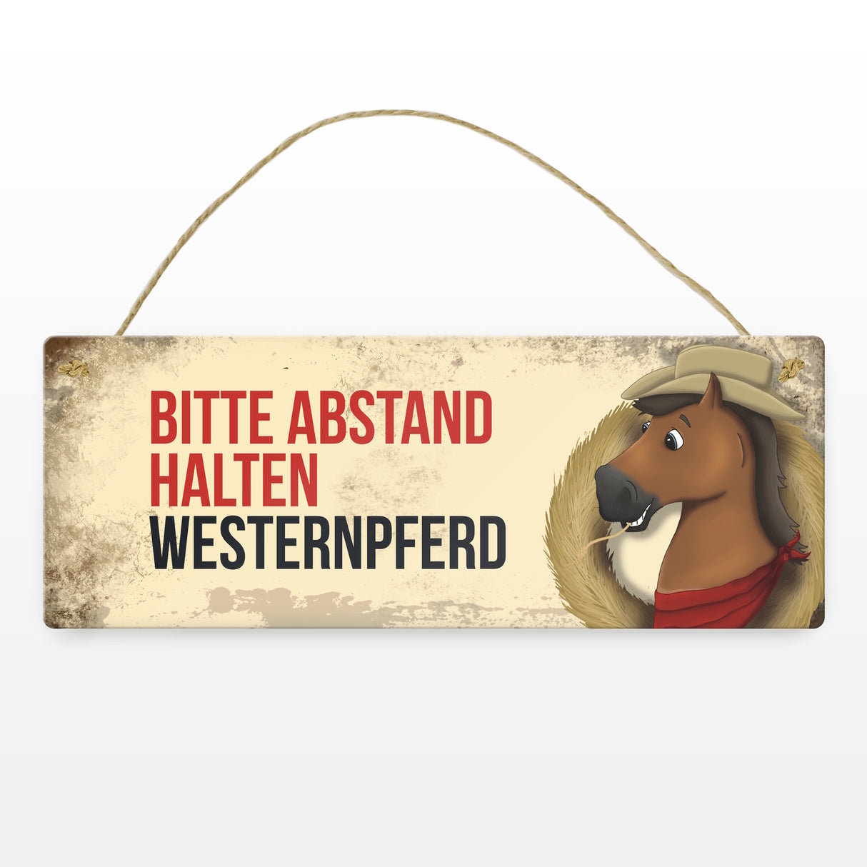 Metallschild mit braunem Westernpferd Motiv und Spruch: Bitte Abstand halten