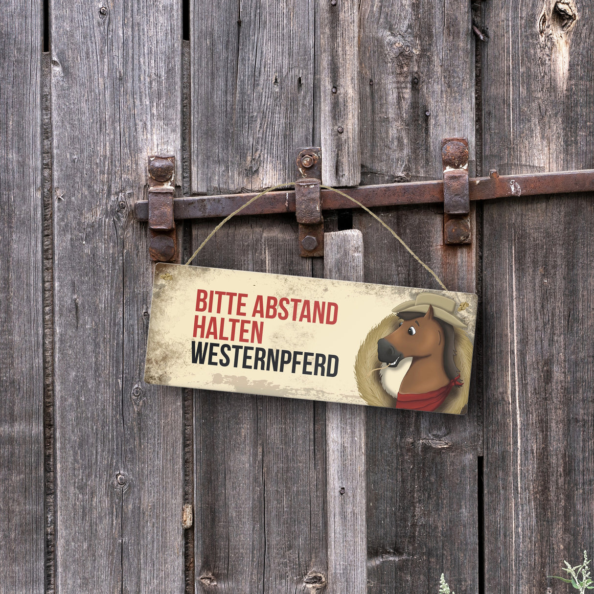 Metallschild mit braunem Westernpferd Motiv und Spruch: Bitte Abstand halten
