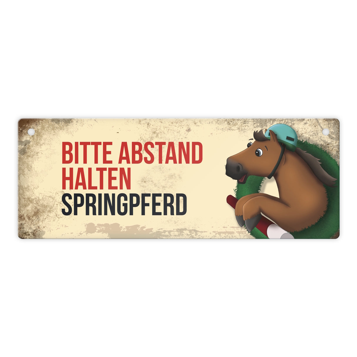 Metallschild mit braunem Springpferd Motiv und Spruch: Bitte Abstand halten