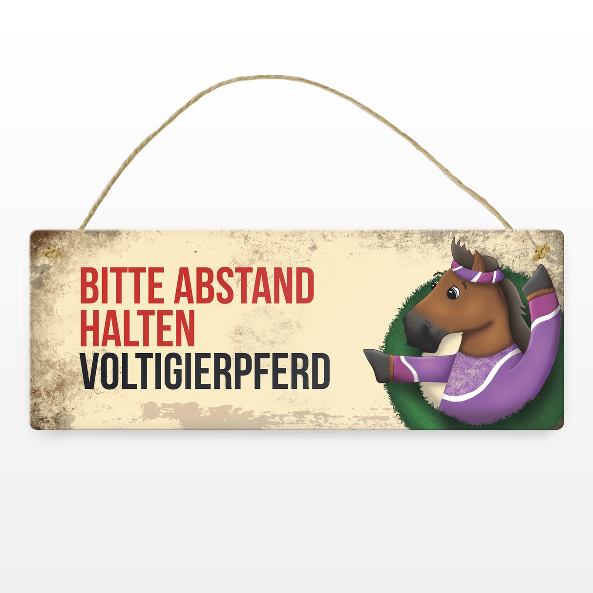 Metallschild mit braunem Voltigierpferd Motiv und Spruch: Bitte Abstand halten