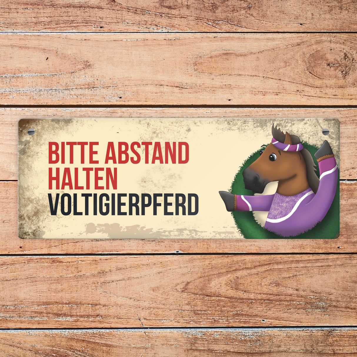 Metallschild mit braunem Voltigierpferd Motiv und Spruch: Bitte Abstand halten