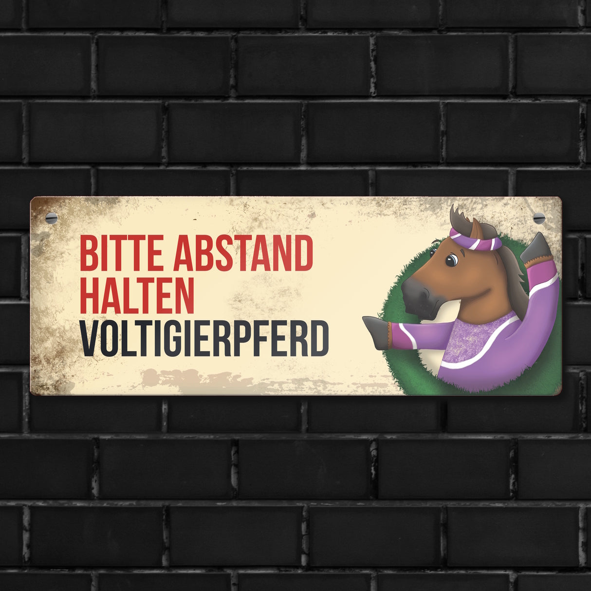 Metallschild mit braunem Voltigierpferd Motiv und Spruch: Bitte Abstand halten
