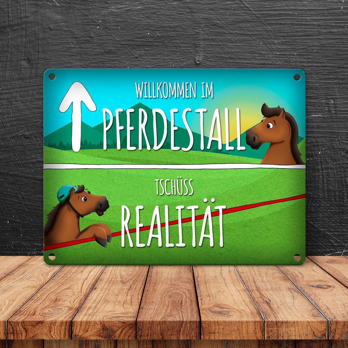 Metallschild mit Pferde Motiv und Spruch: Willkommen im Pferdestall