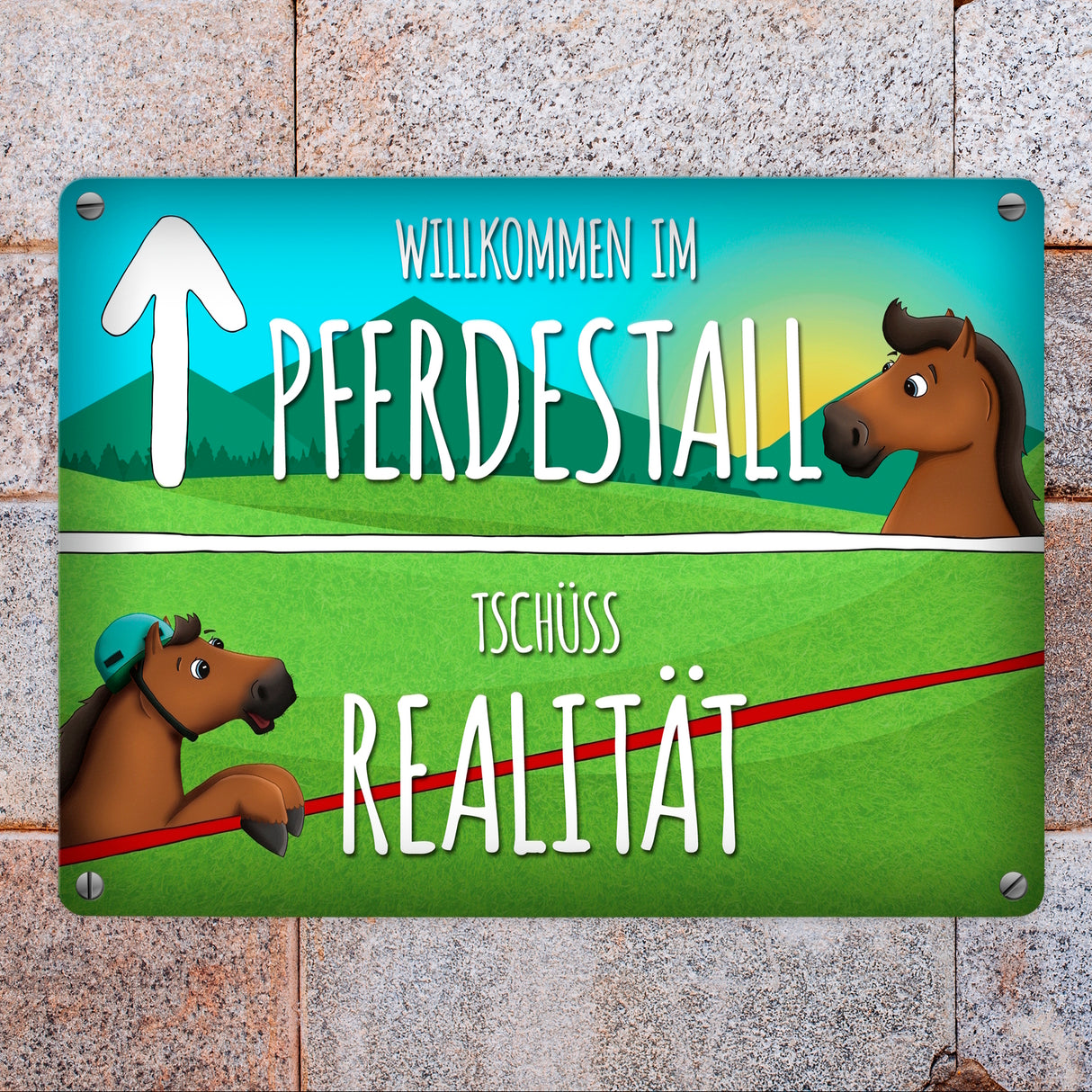 Metallschild mit Pferde Motiv und Spruch: Willkommen im Pferdestall