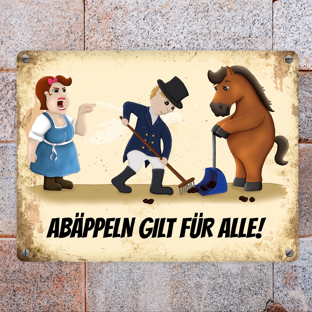 Metallschild mit Reiter und Pferde Motiv und Spruch: Abäppeln gilt für alle Absammeln Pferdeäpfel Reithalle Stall