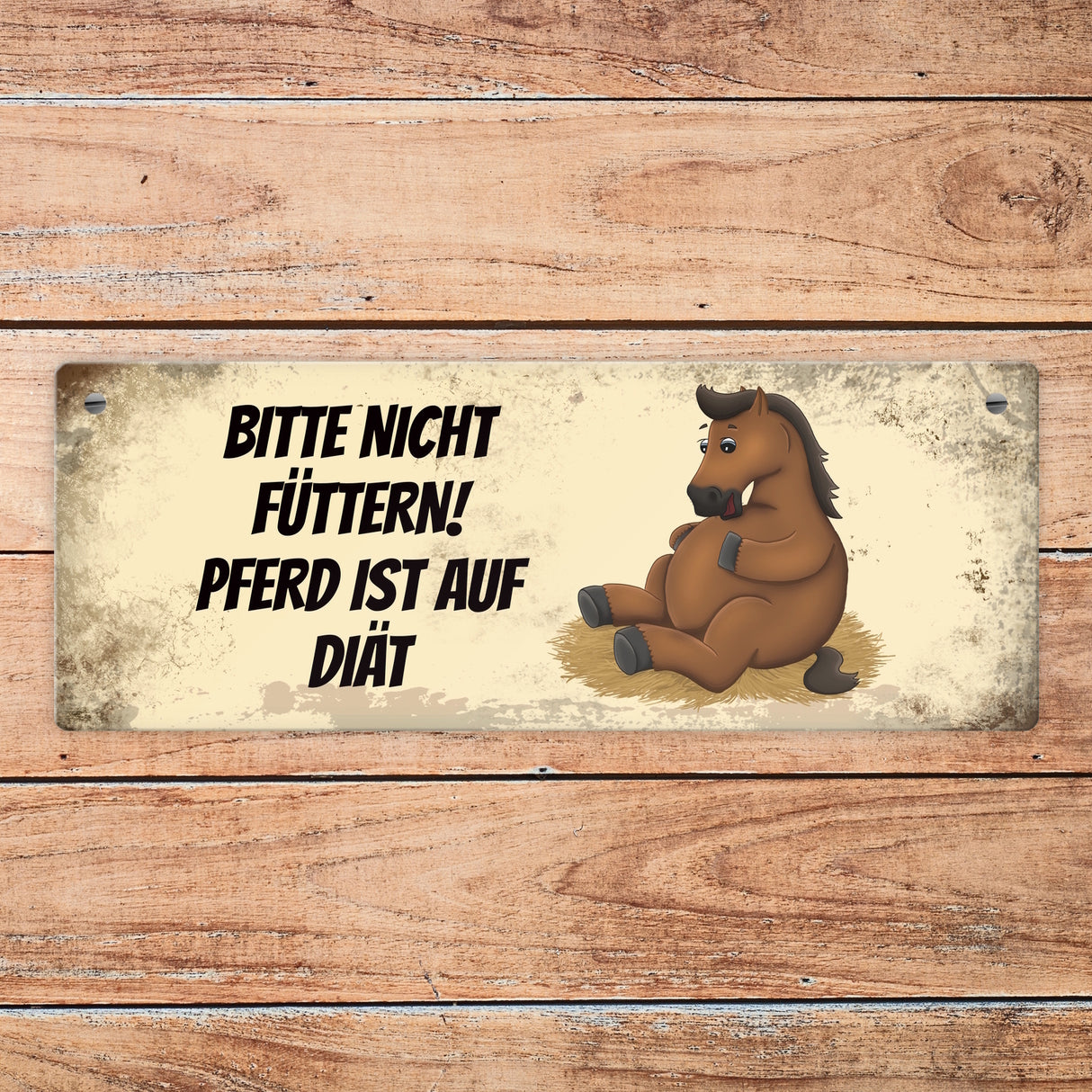 Metallschild mit braunem Pferd Motiv und Spruch: Bitte nicht füttern - Diät