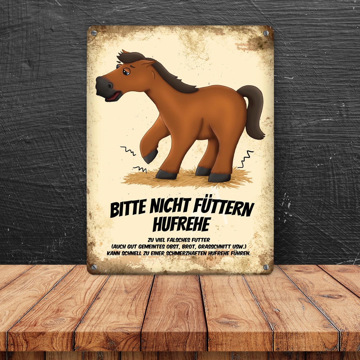 Metallschild mit Pferde Motiv und Spruch: Bitte nicht füttern - Hufrehe