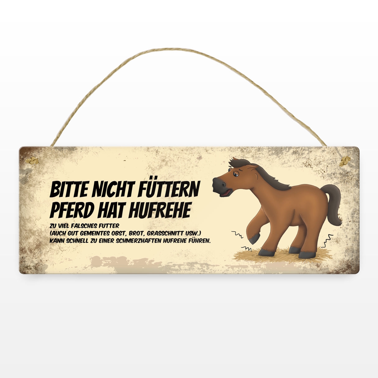 Metallschild mit braunem Pferd Motiv und Spruch: Bitte nicht füttern - Hufrehe