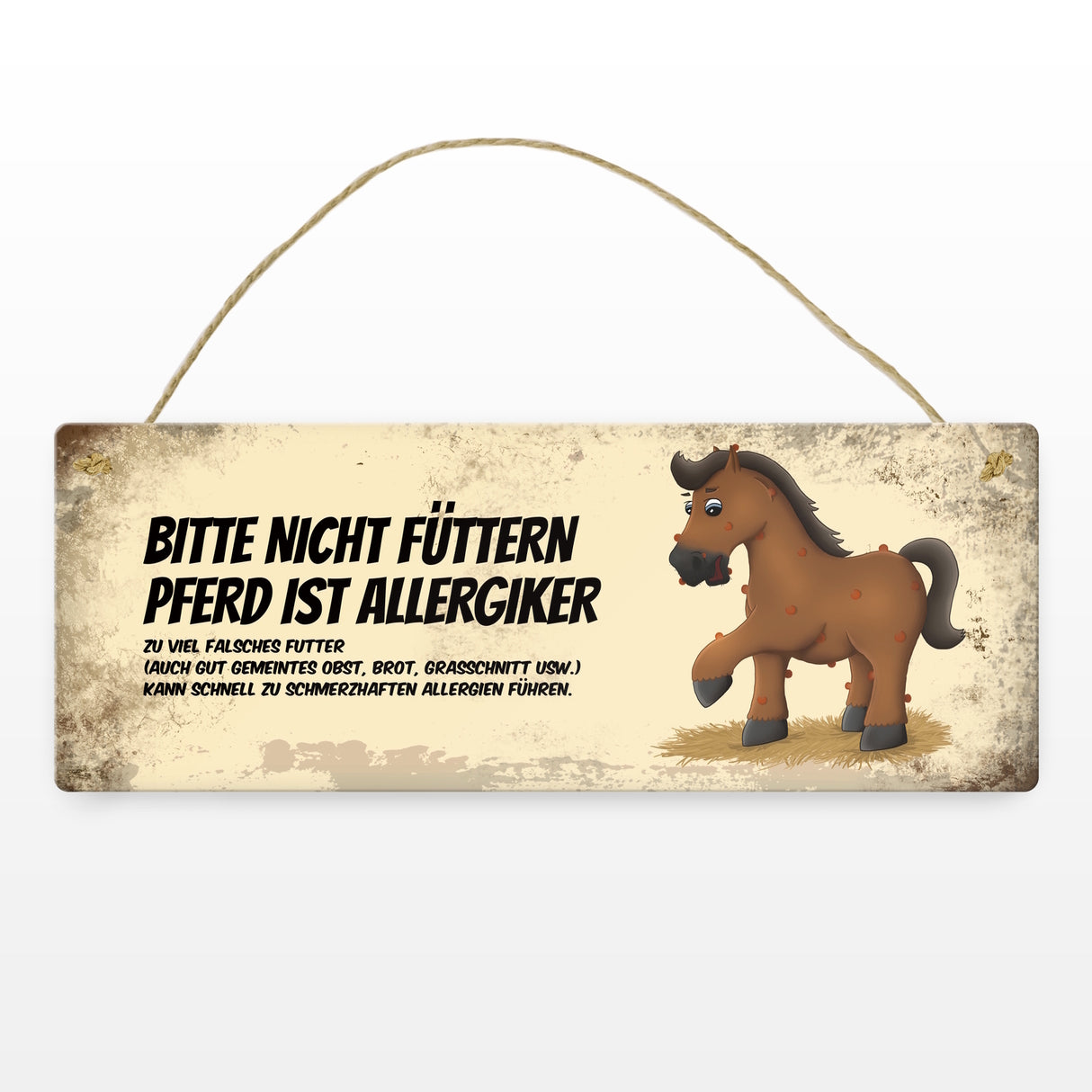 Metallschild mit braunem Pferd Motiv und Spruch: Bitte nicht füttern - Allergiker