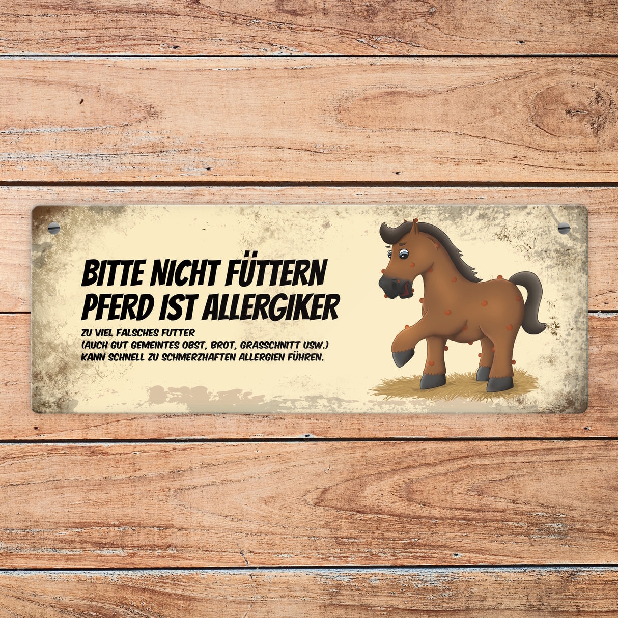 Metallschild mit braunem Pferd Motiv und Spruch: Bitte nicht füttern - Allergiker