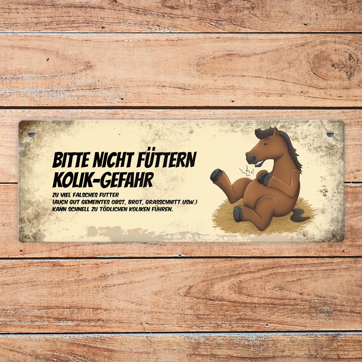 Metallschild mit braunem Pferd Motiv und Spruch: Bitte nicht füttern - Kolik-Gefahr