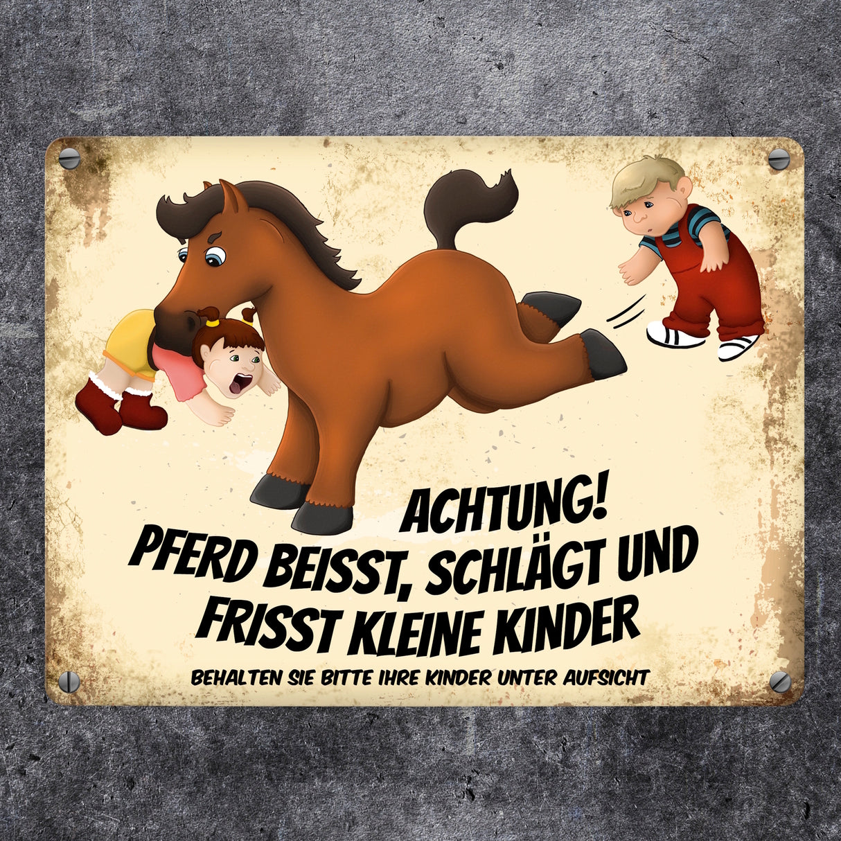 Metallschild mit Pferde Motiv und Spruch: Achtung! Pferd beisst schlägt und frisst kleine Kinder! Warnschild für die Koppel