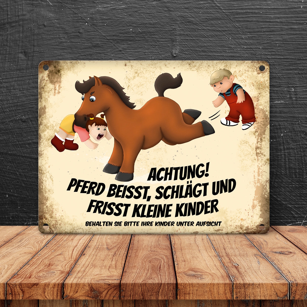 Metallschild mit Pferde Motiv und Spruch: Achtung! Pferd beisst schlägt und frisst kleine Kinder! Warnschild für die Koppel