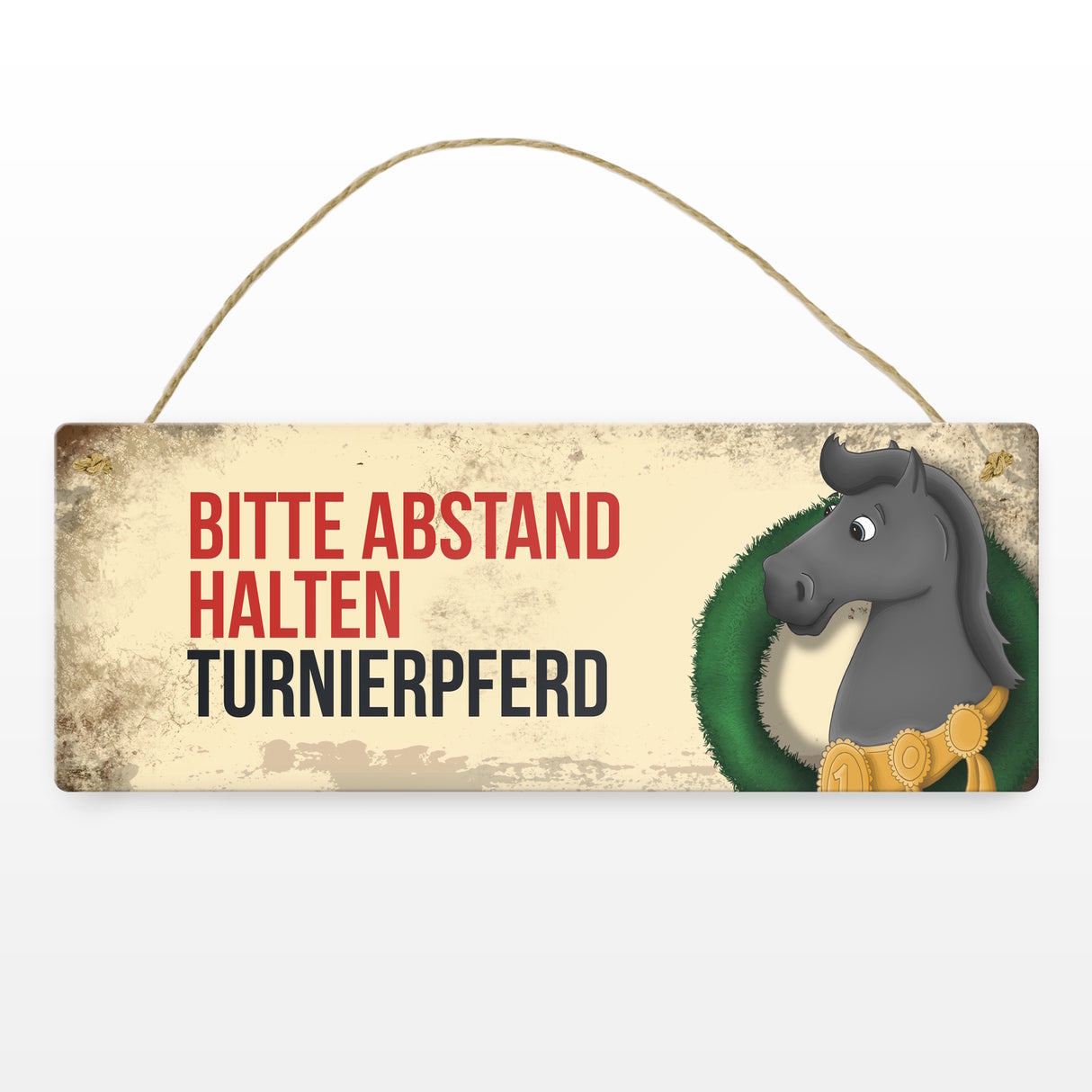 Metallschild mit schwarzem Turnierpferd Motiv und Spruch: Bitte Abstand halten
