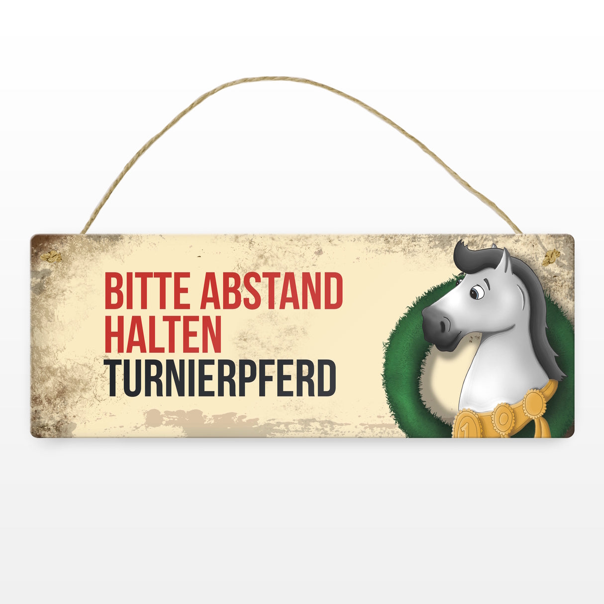 Metallschild mit weißem Turnierpferd Motiv und Spruch: Bitte Abstand halten