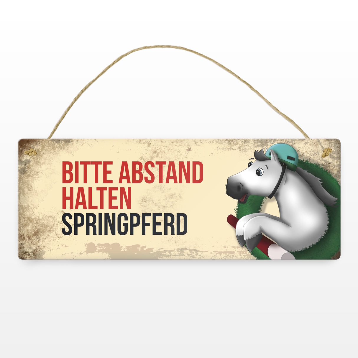 Metallschild mit weißem Springpferd Motiv und Spruch: Bitte Abstand halten