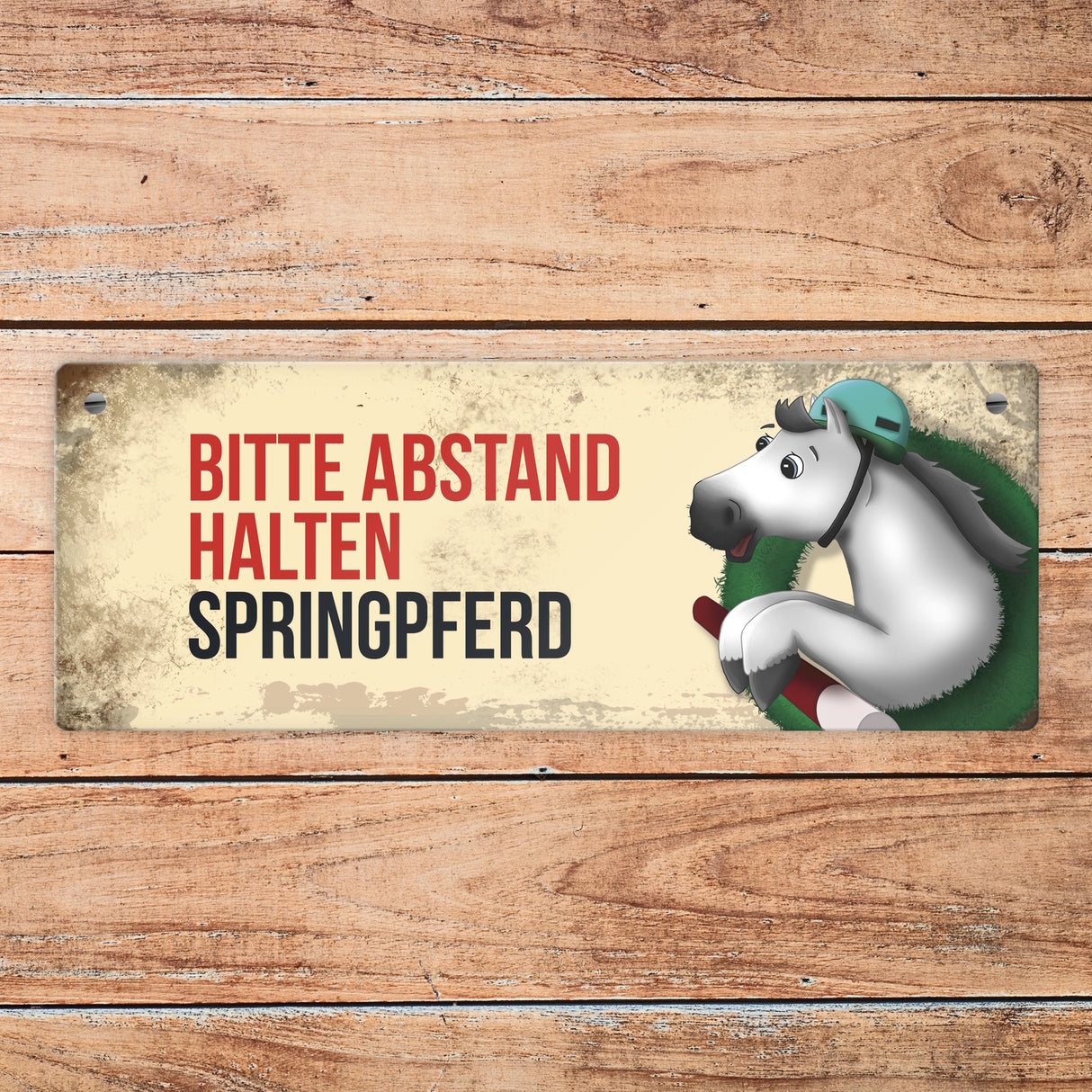 Metallschild mit weißem Springpferd Motiv und Spruch: Bitte Abstand halten