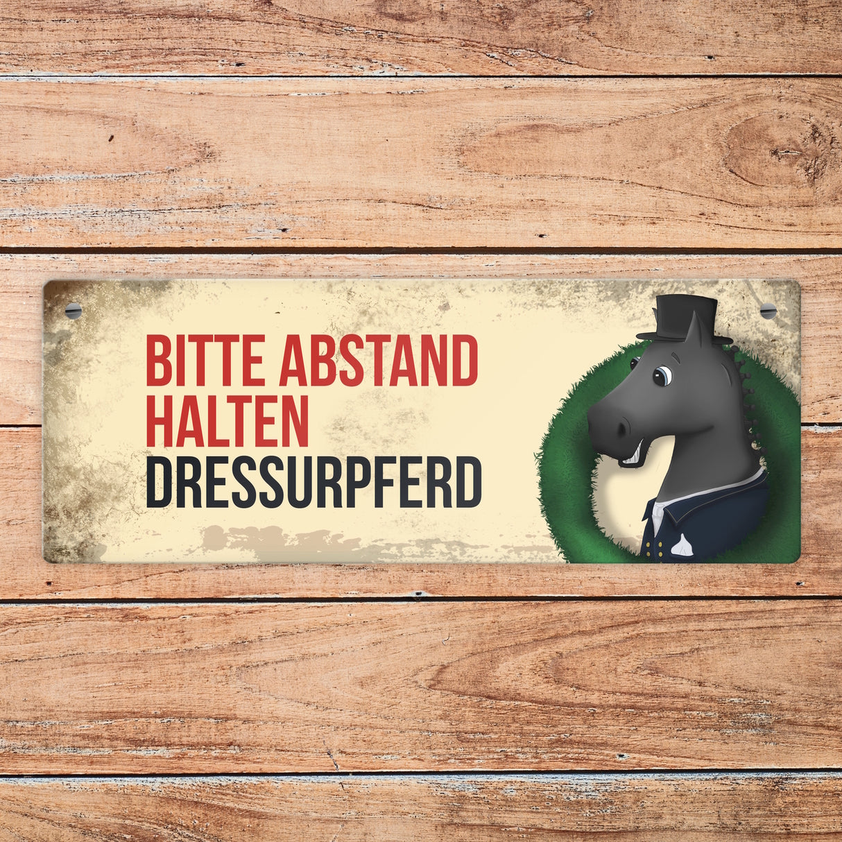 Metallschild mit schwarzem Dressurpferd Motiv und Spruch: Bitte Abstand halten