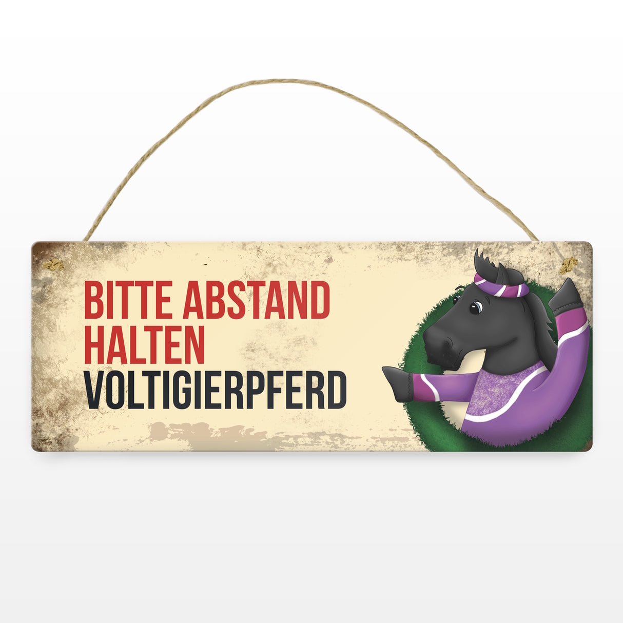 Metallschild mit schwarzem Voltigierpferd Motiv und Spruch: Bitte Abstand halten