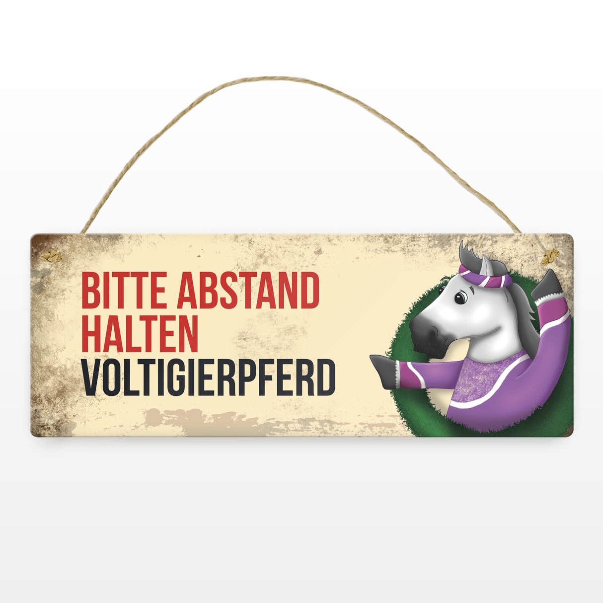 Metallschild mit weißem Voltigierpferd Motiv und Spruch: Bitte Abstand halten
