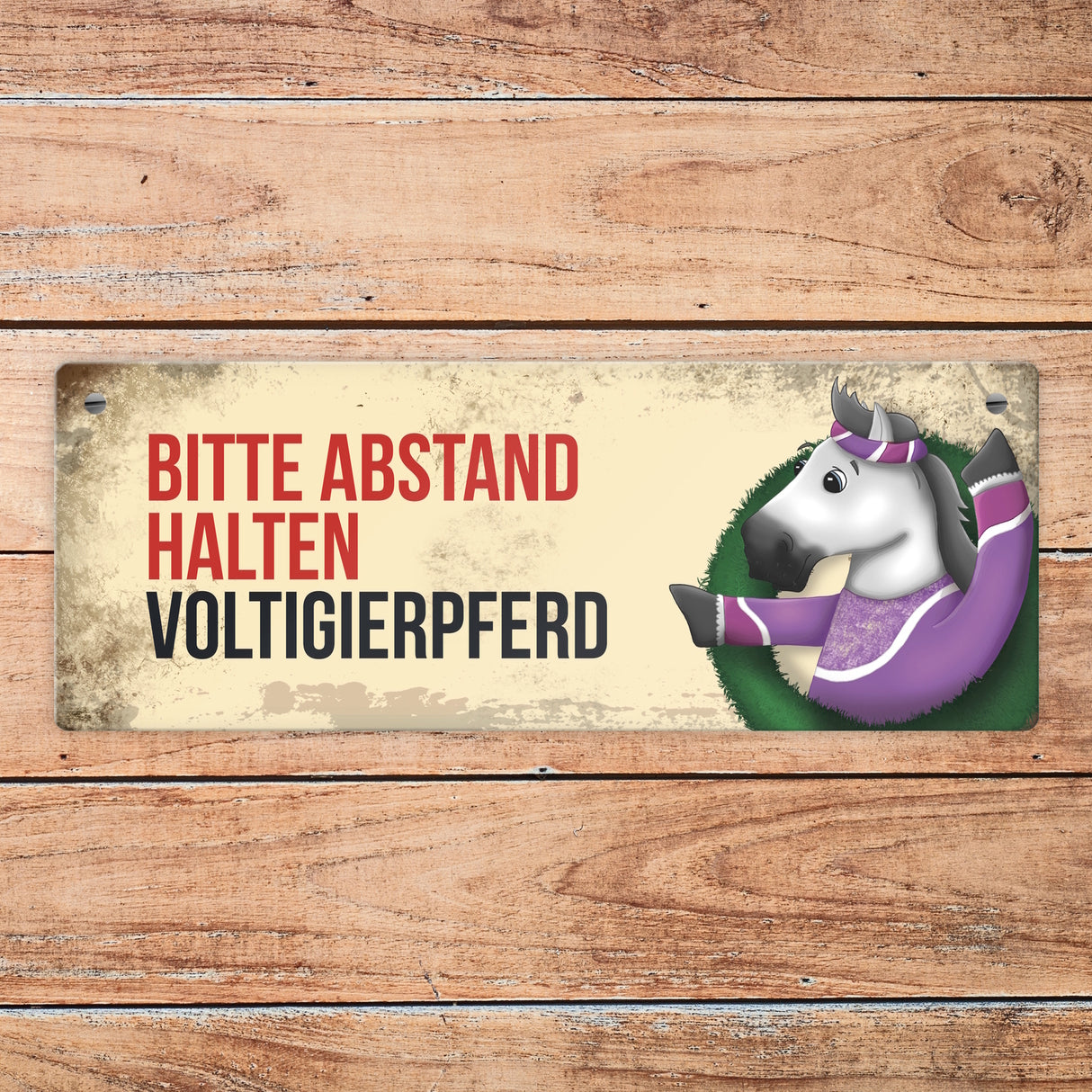 Metallschild mit weißem Voltigierpferd Motiv und Spruch: Bitte Abstand halten