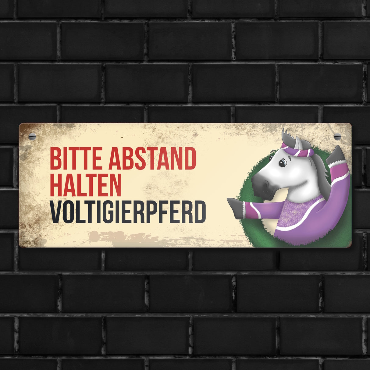 Metallschild mit weißem Voltigierpferd Motiv und Spruch: Bitte Abstand halten