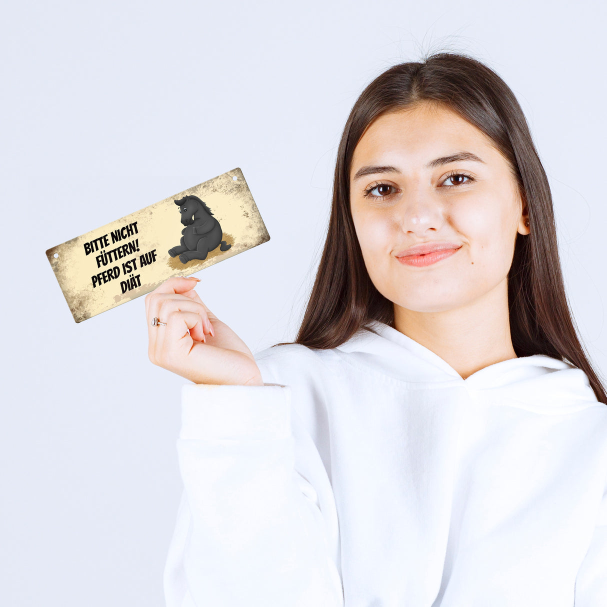 Metallschild mit schwarzem Pferd Motiv und Spruch: Bitte nicht füttern - Diät