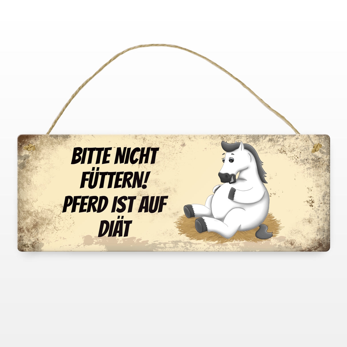 Metallschild mit weißem Pferd Motiv und Spruch: Bitte nicht füttern - Diät