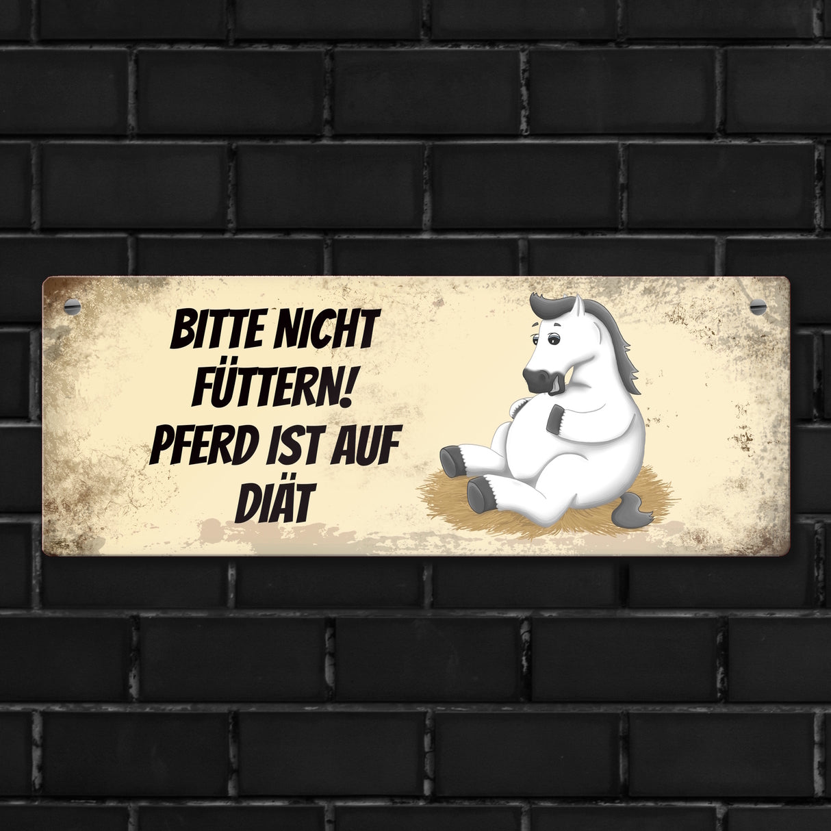 Metallschild mit weißem Pferd Motiv und Spruch: Bitte nicht füttern - Diät