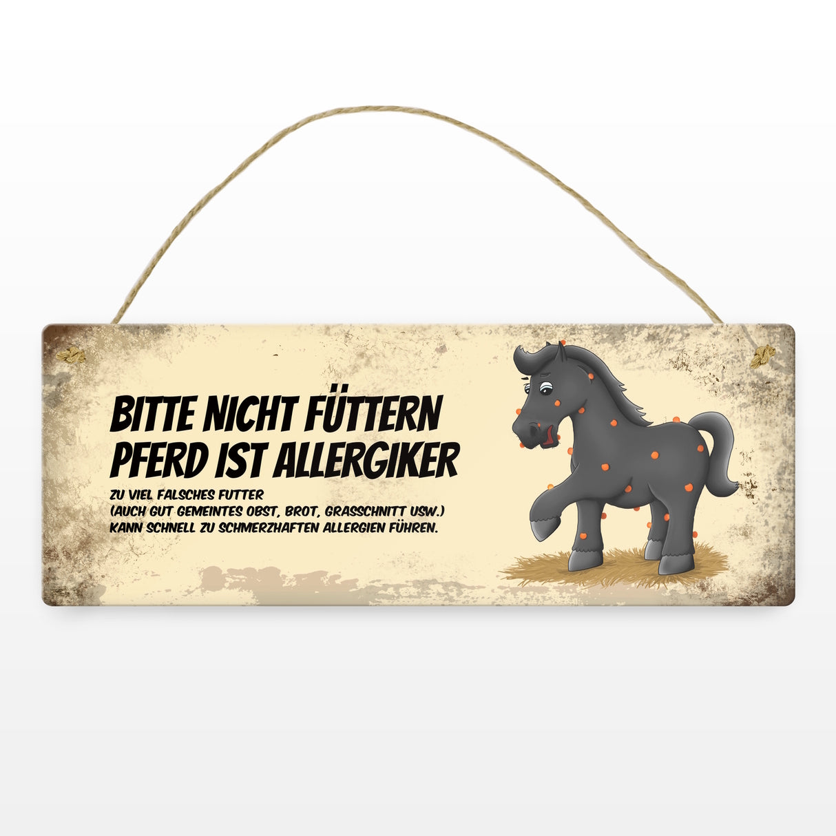 Metallschild mit schwarzem Pferd Motiv und Spruch: Bitte nicht füttern - Allergiker