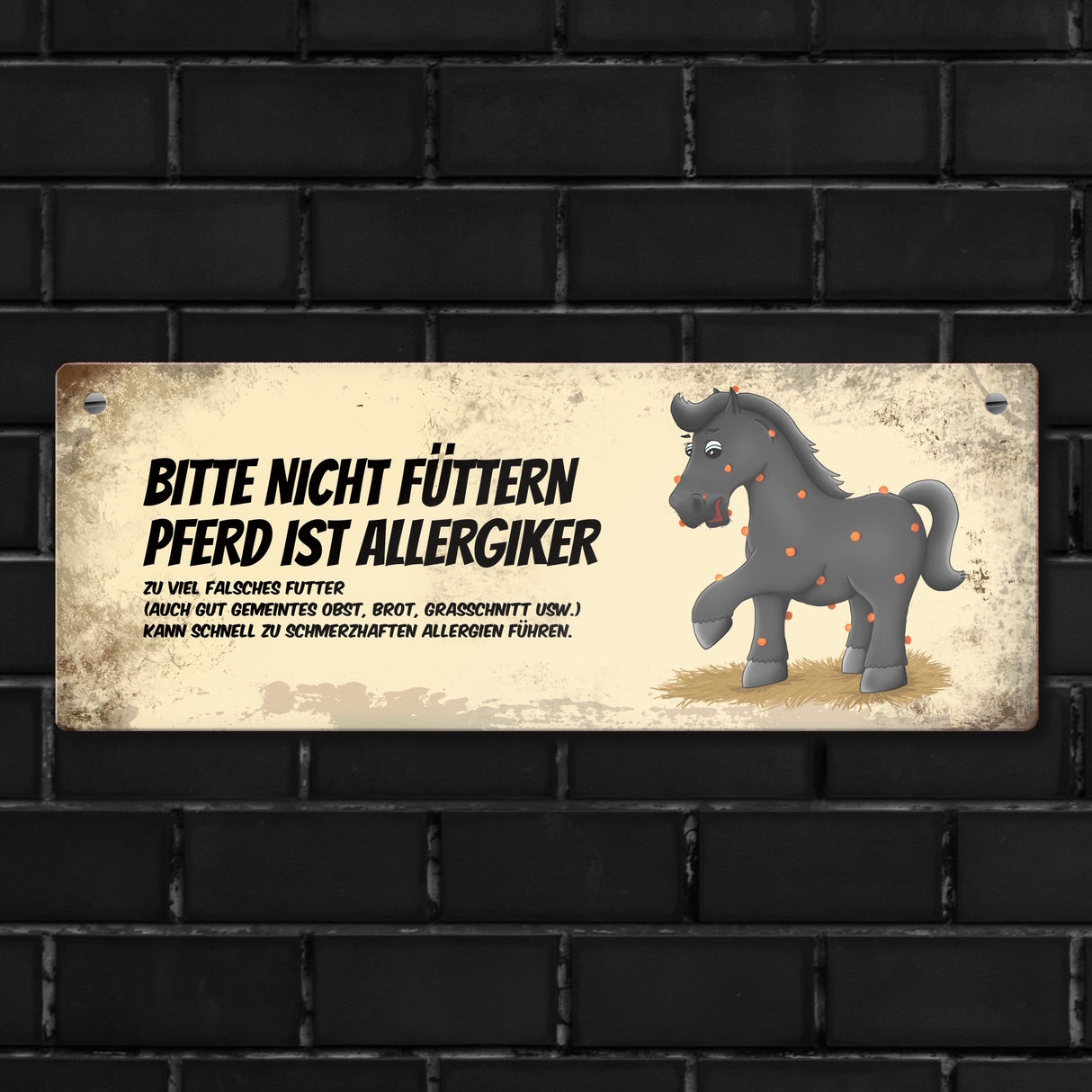 Metallschild mit schwarzem Pferd Motiv und Spruch: Bitte nicht füttern - Allergiker