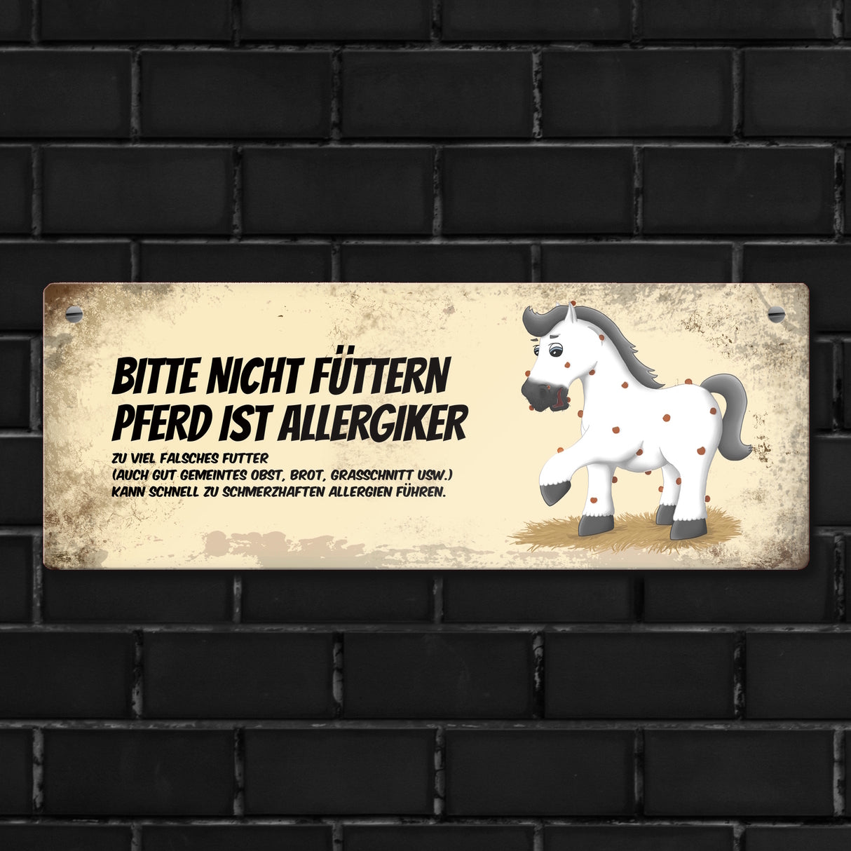 Metallschild mit weißem Pferd Motiv und Spruch: Bitte nicht füttern - Allergiker