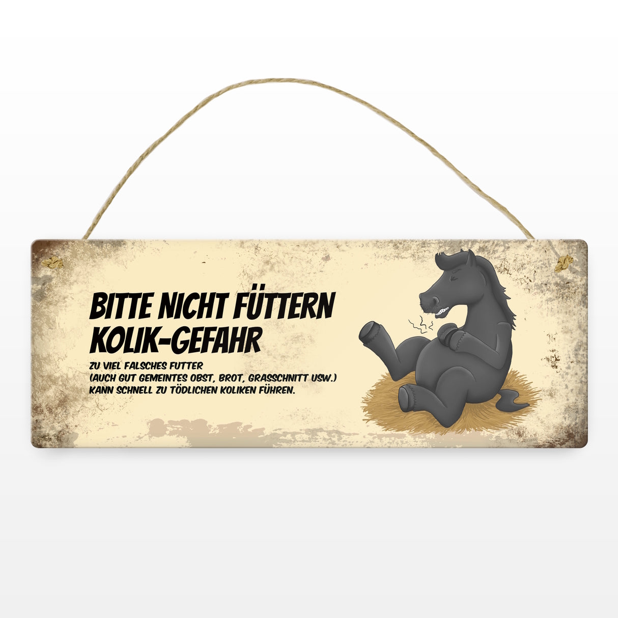 Metallschild mit schwarzem Pferd Motiv und Spruch: Bitte nicht füttern - Kolik-Gefahr