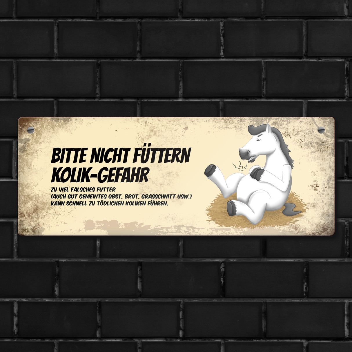 Metallschild mit weißem Pferd Motiv und Spruch: Bitte nicht füttern - Kolik-Gefahr
