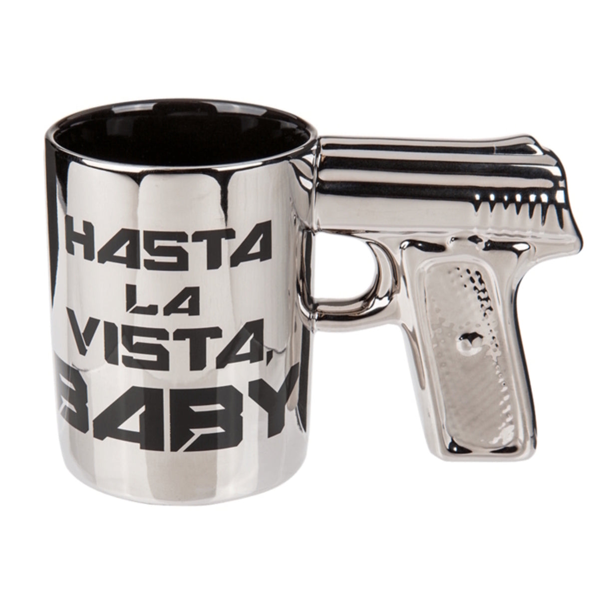 Pistolengriff Kaffeebecher mit Spruch in silber
