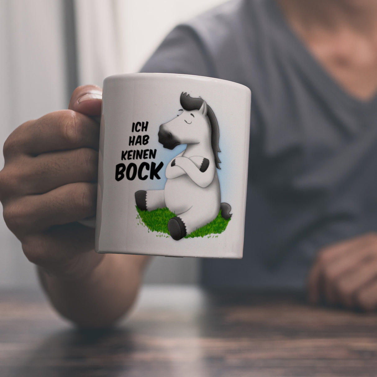 Kaffeebecher mit weißes Pferd Motiv und Spruch: Ich hab keinen Bock