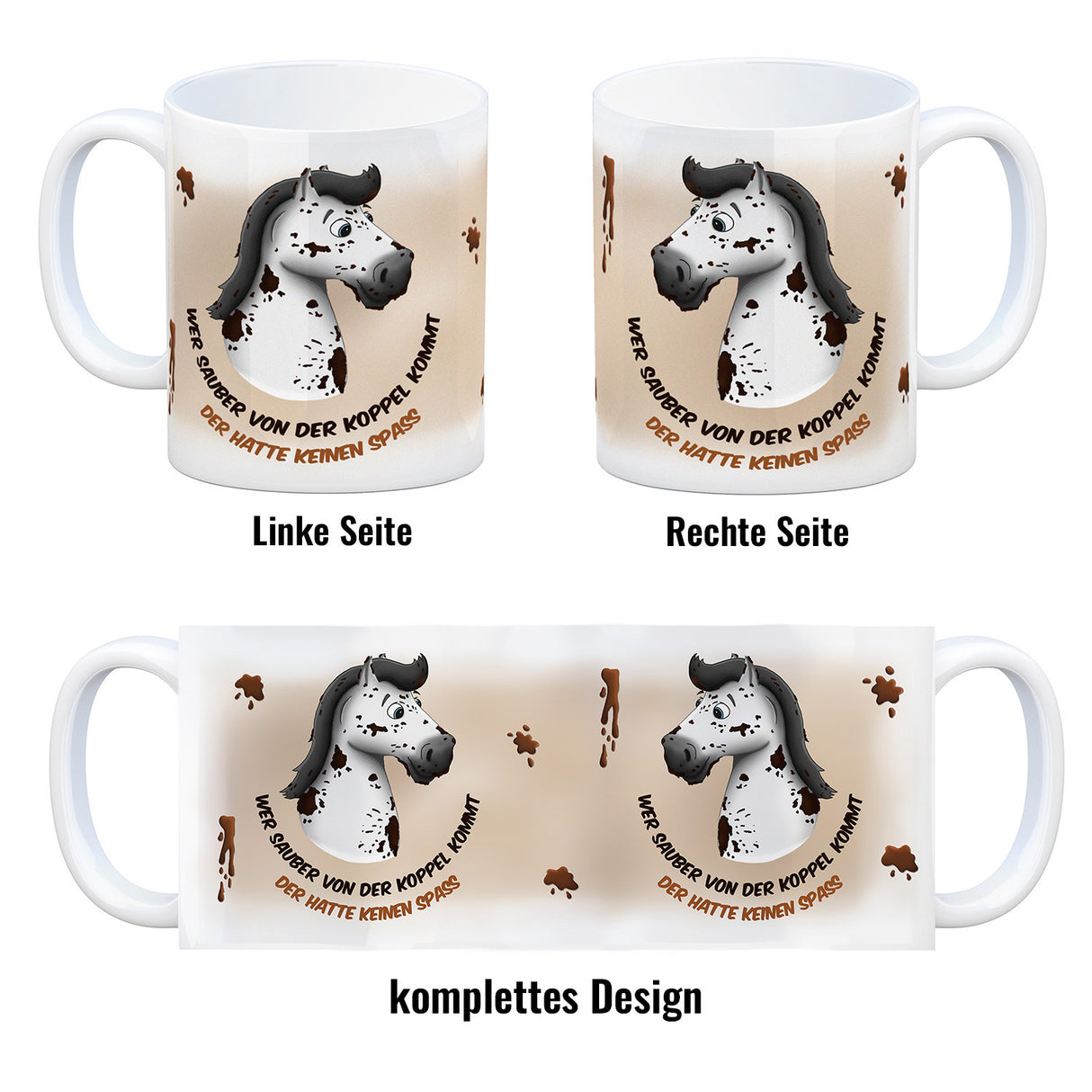Kaffeebecher mit weißes Pferd Motiv und Spruch: Wer sauber von der Koppel kommt, ...