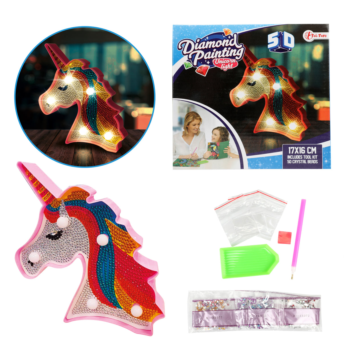 Einhorn Diamant Dekolampe mit Werkzeug und Kunststoff-Edelsteinen