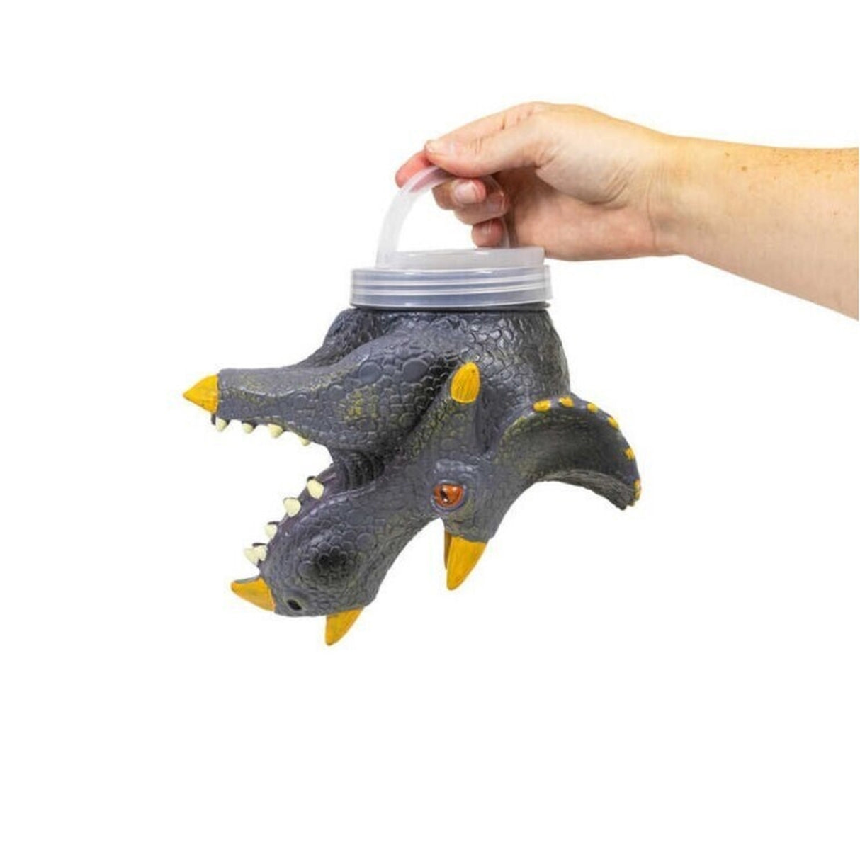 Dinosaurier Spielfiguren in einem Triceratops Kopf im 12er Set