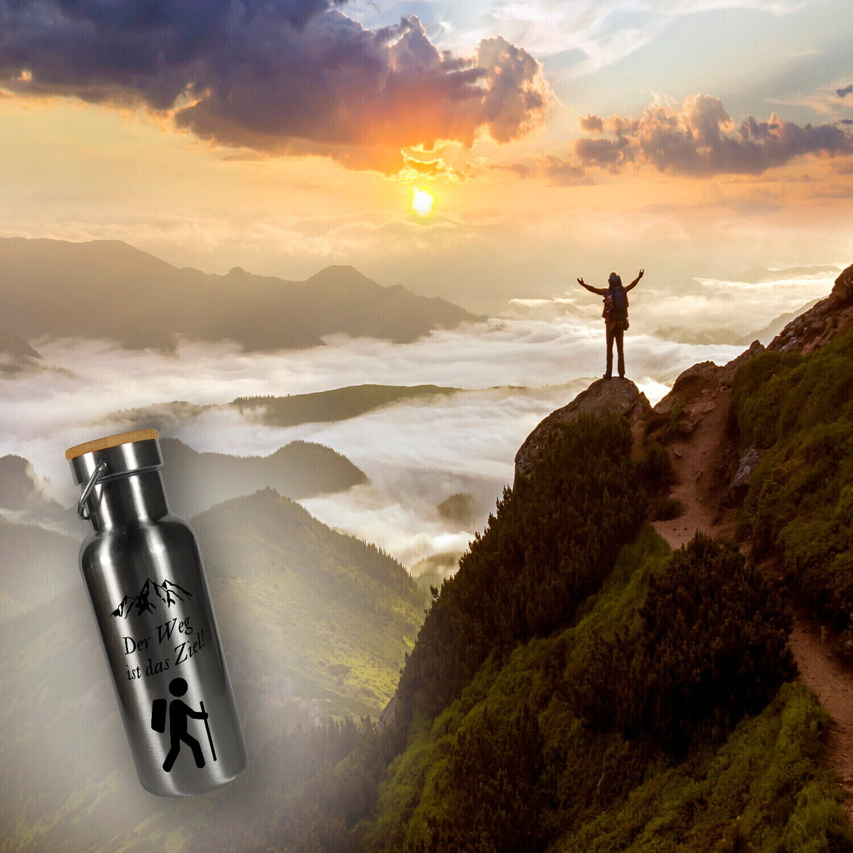 Der Weg ist das Ziel Wandern Thermoflasche mit Bambusdeckel