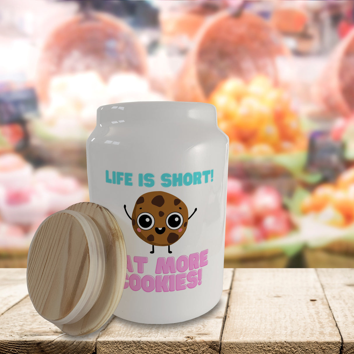 Life is short! Eat more Cookies! Keksdose aus Keramik mit Holzdeckel