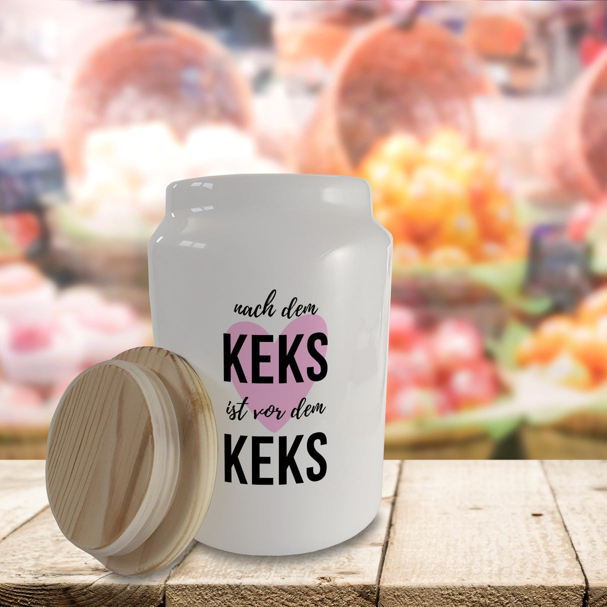 Nach dem Keks ist vor dem Keks Keksdose aus Keramik mit Holzdeckel
