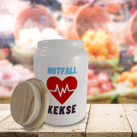 Notfall Kekse Keksdose aus Keramik mit Holzdeckel