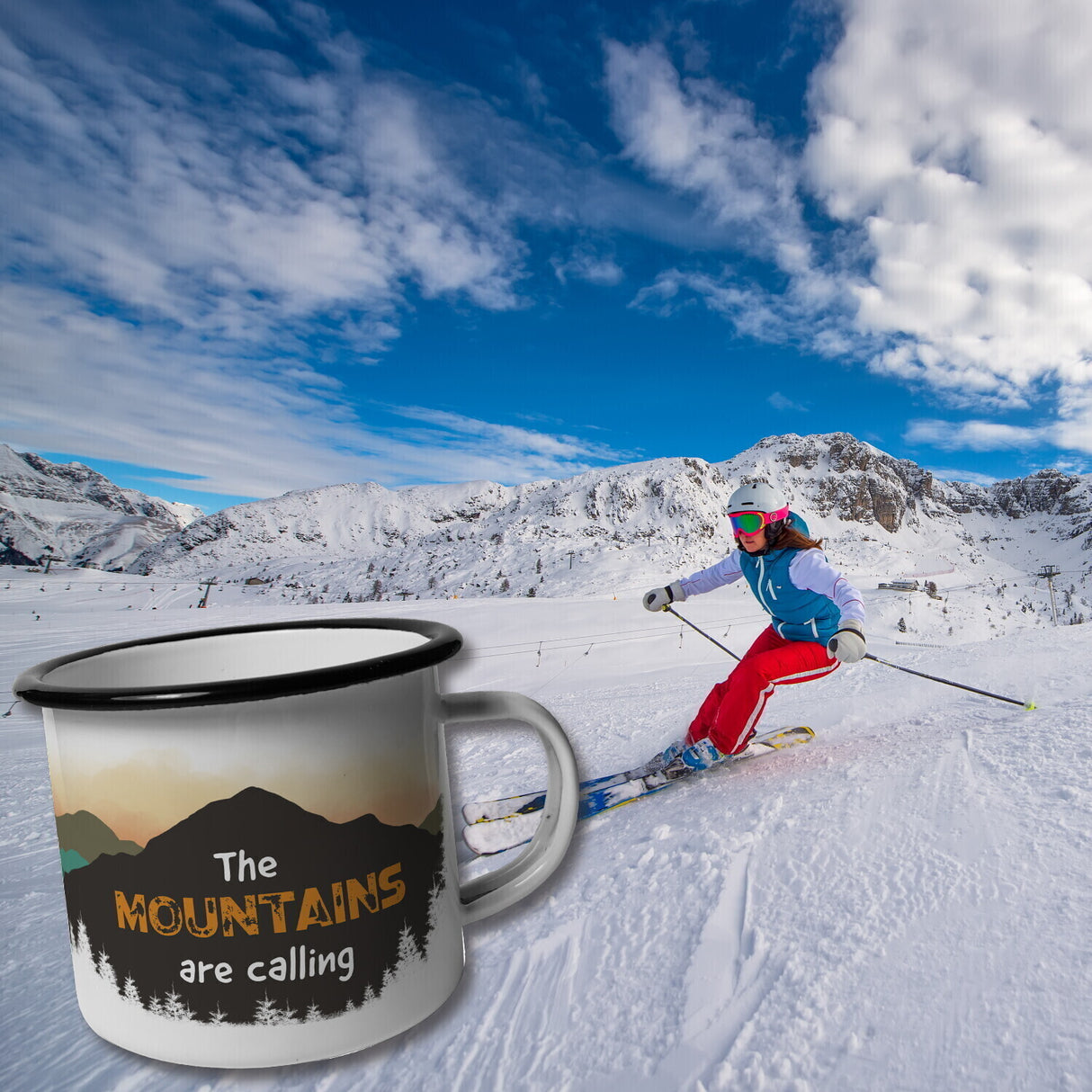 The mountains are calling Emailletasse mit Berglandschaft