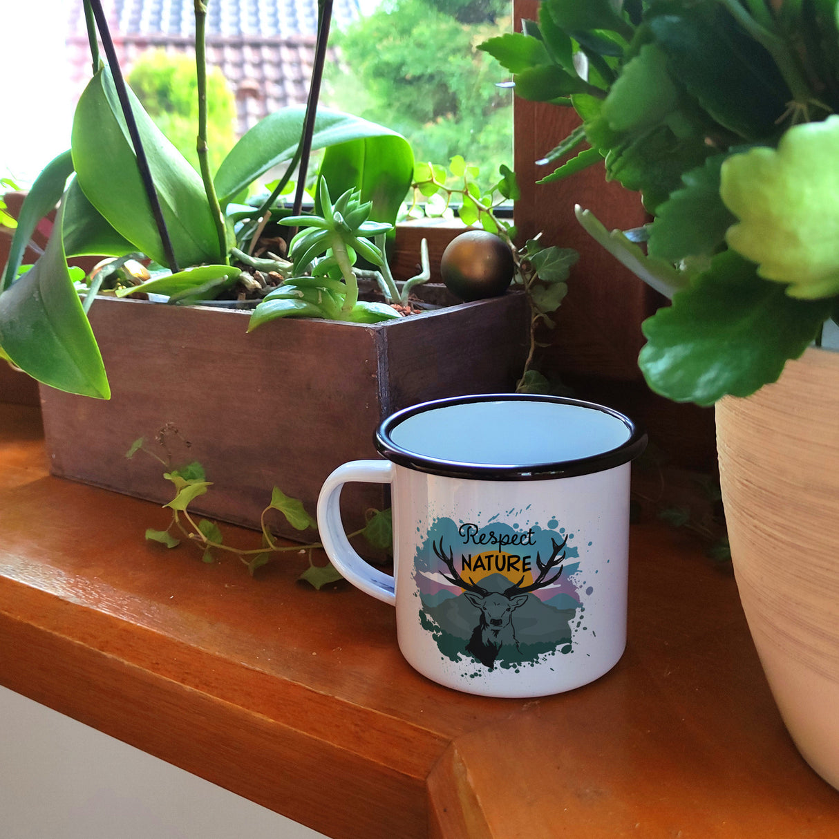 Respect Nature Emailletasse mit Hirschkopf Abbildung